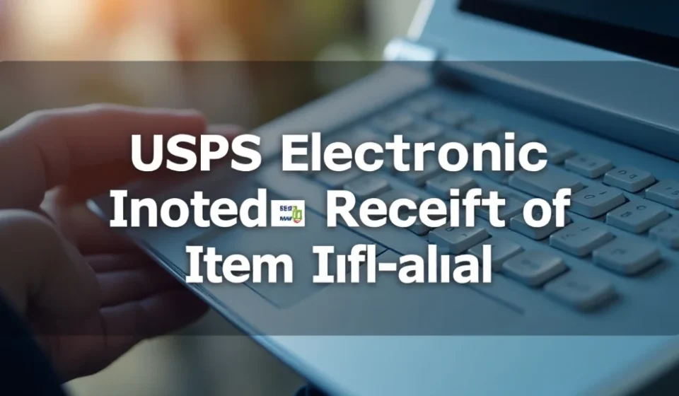 The image shows a hand holding a smartphone displaying a digital confirmation for USPS Electronic Receipt Of Item For Mailing.